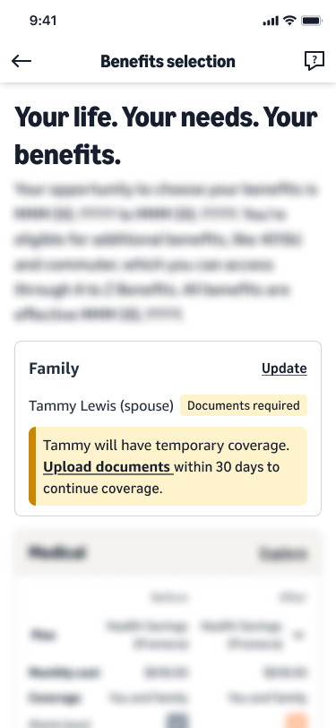 Benefits selection: Tammy's status reads Documents required, with an amber note that she has temporary coverage and 30 days to upload documents